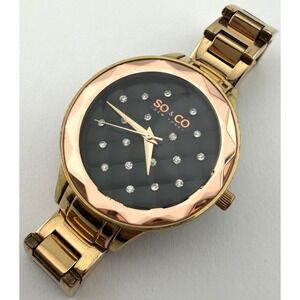 SO&CO New York Womens Watch Two Tone‎ Gold Quilted Black Crystal Dial